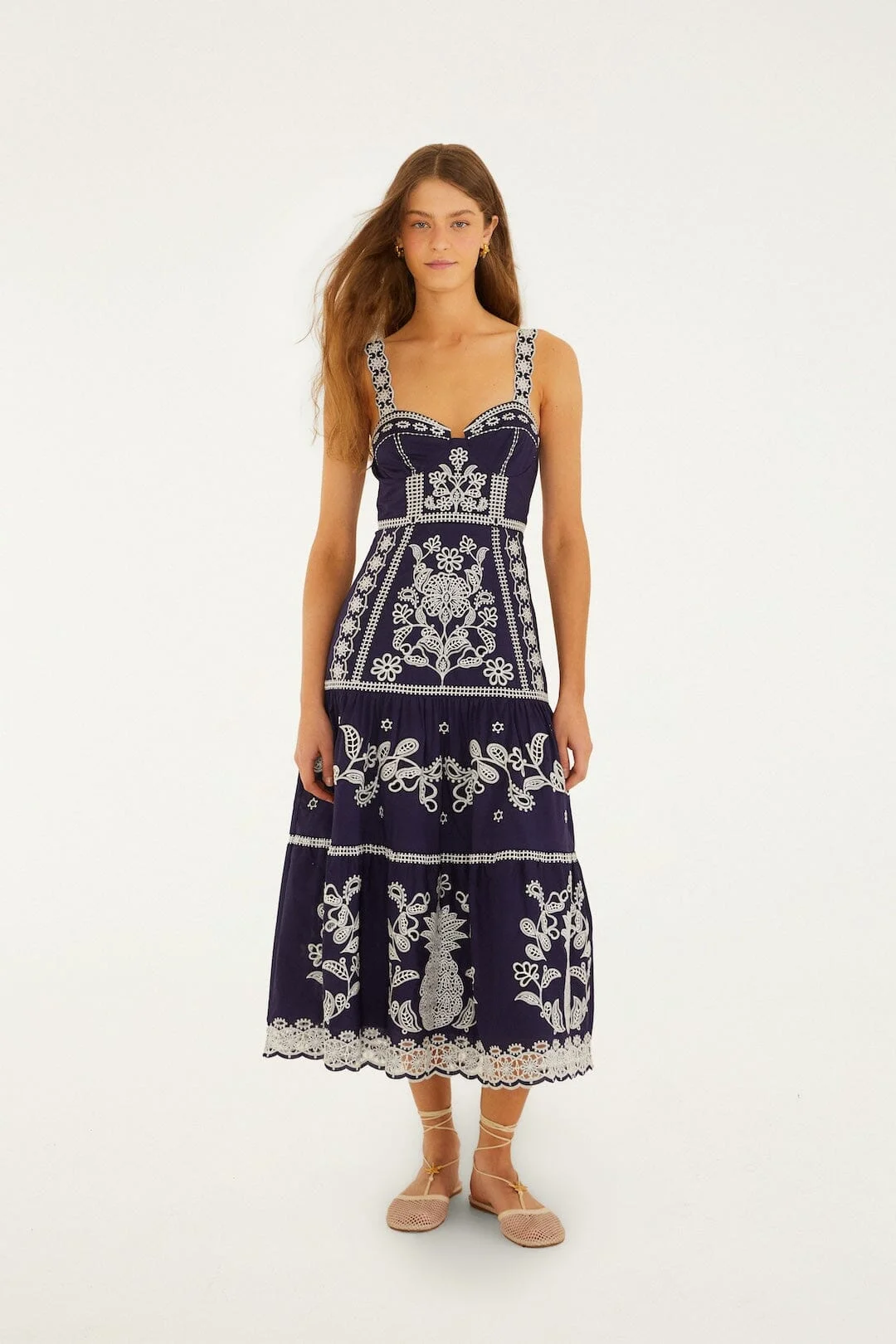 Blue Richelieu Embroidered Organic Cotton Midi Dress - 1