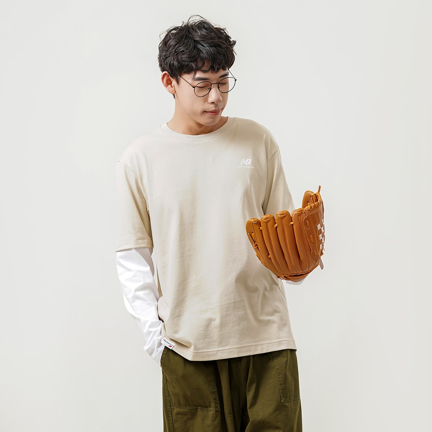 New Balance Contrasting Colors Sports Round Neck Pullover Apricot Color T-Shirt 5DC16063-BEI - 3