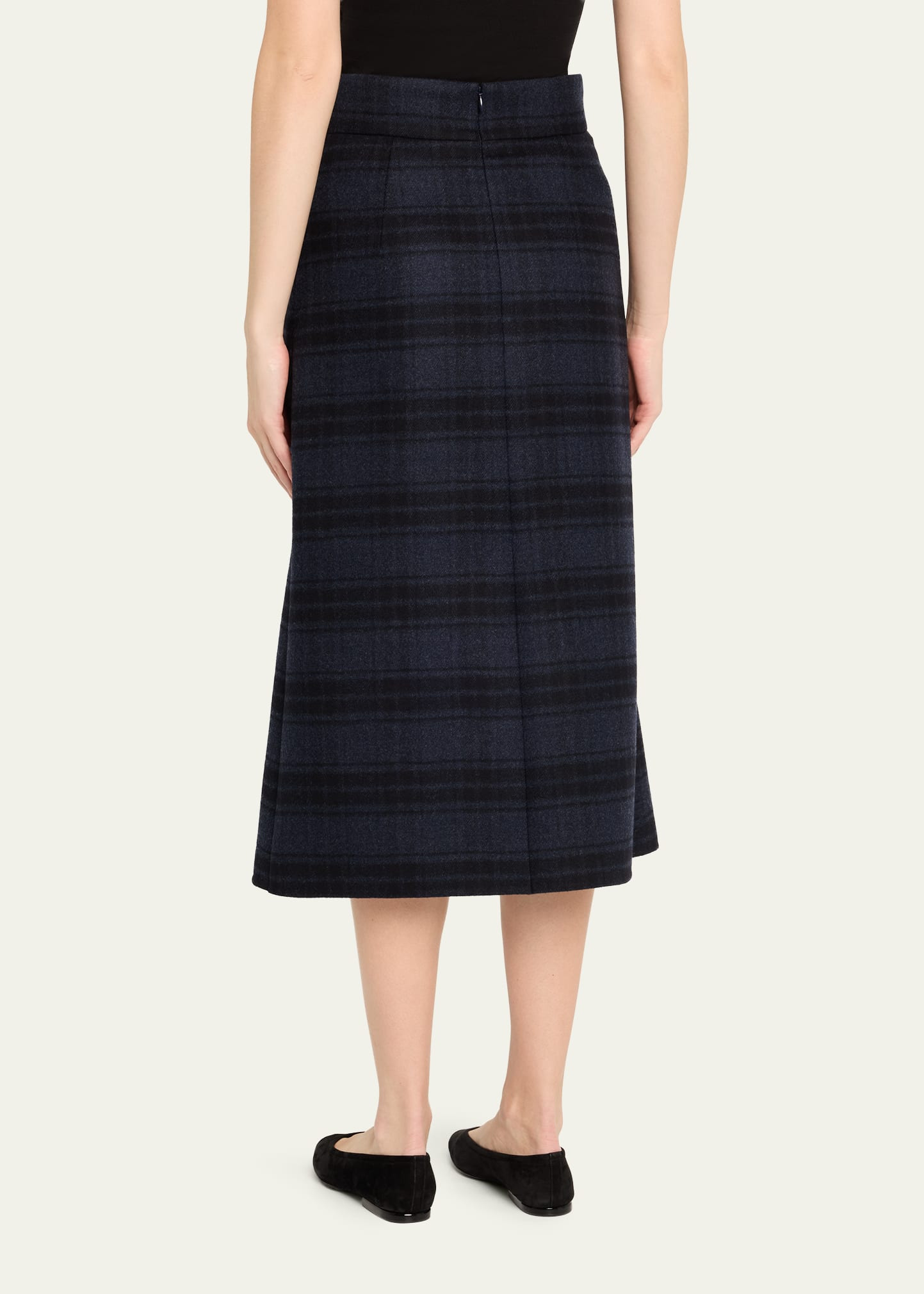 Check Wool Double Face A-Line Midi Skirt - 3