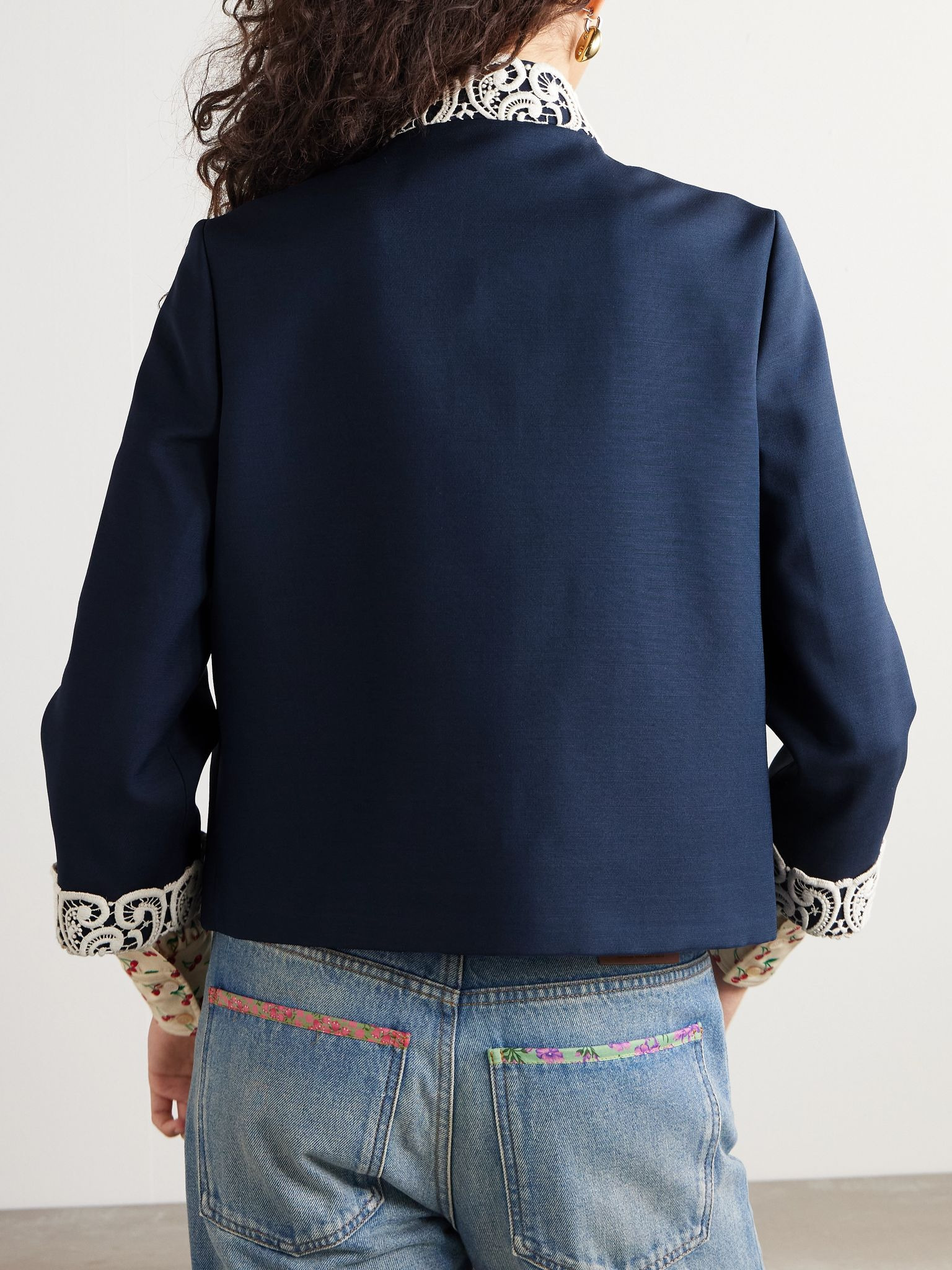 Guipure lace-trimmed wool and silk-blend twill jacket Navy - 4