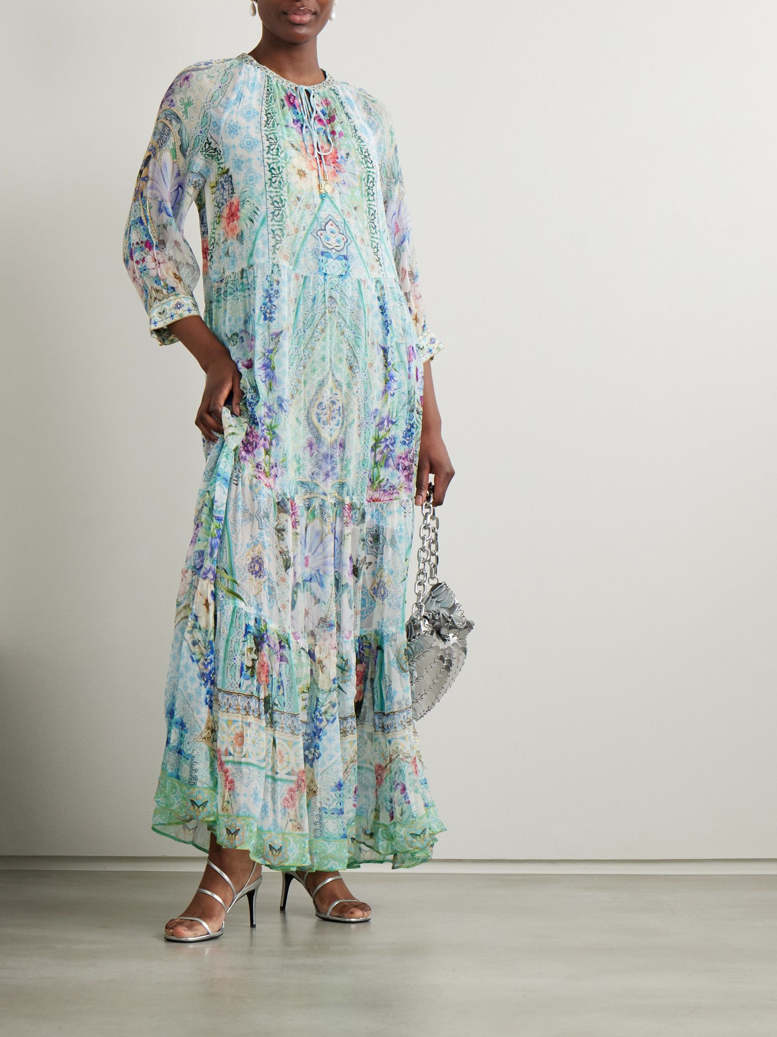 Embellished tiered printed silk-crepon maxi dress Blue - 2