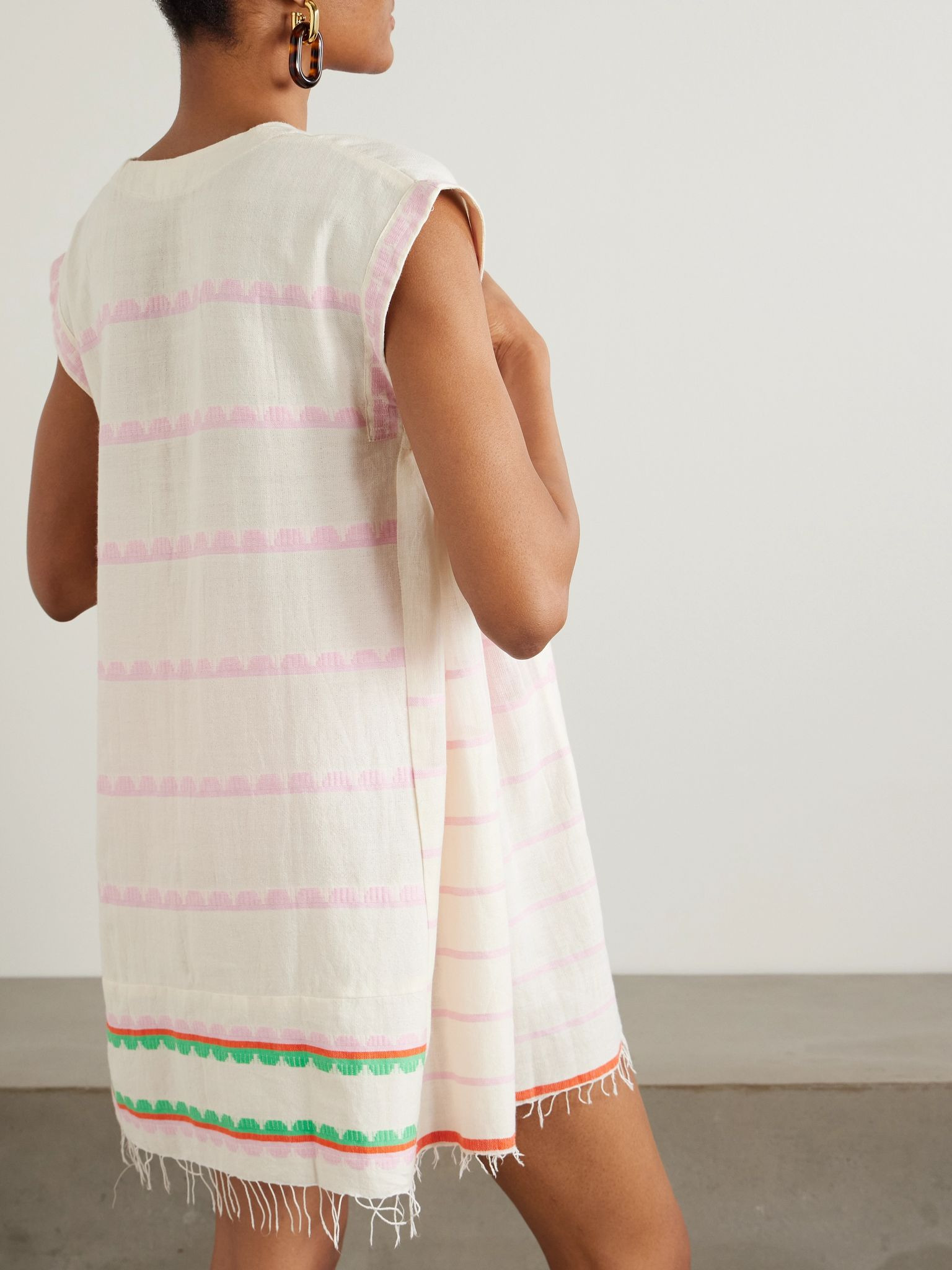 Elina fringed striped cotton kaftan Beige - 3