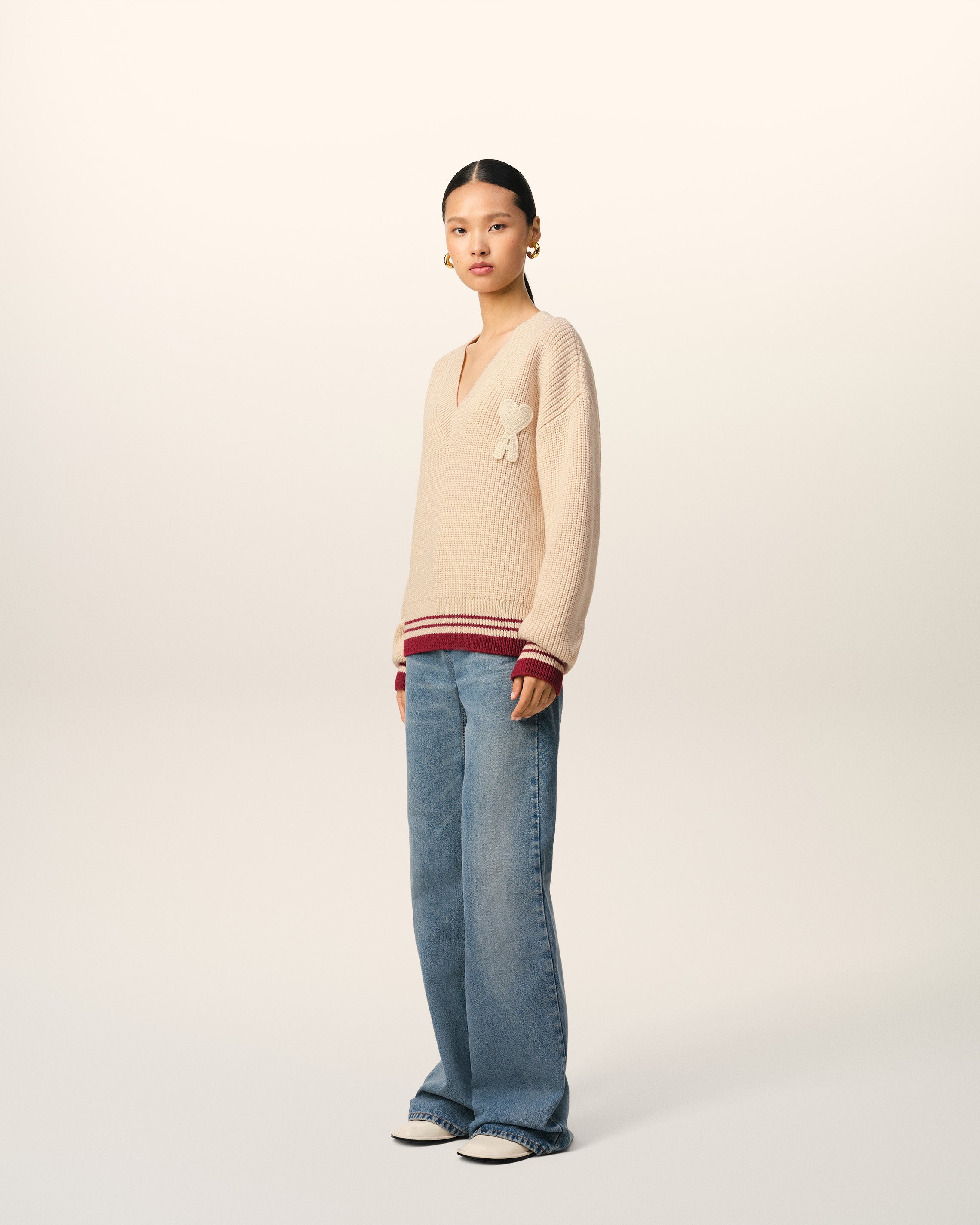 BEIGE WOOL RIBBED V NECK SWEATER - 6