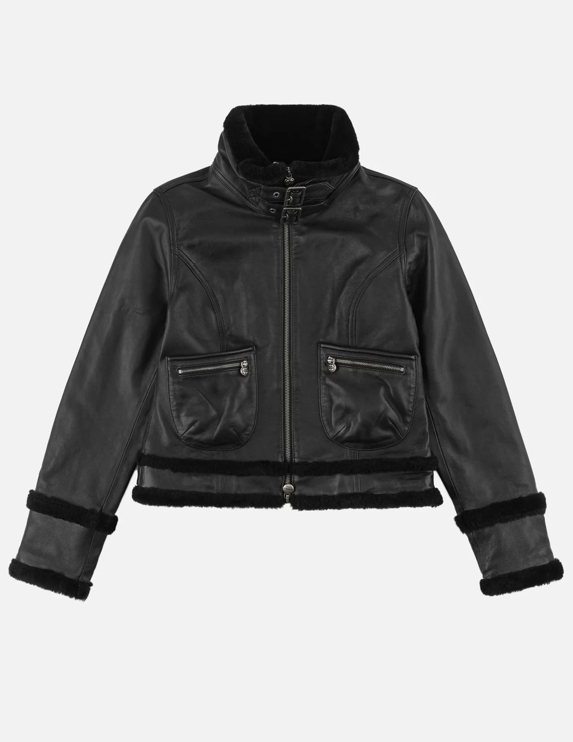 Shearling Trimmed Stand Collar Leather Jacket - 1