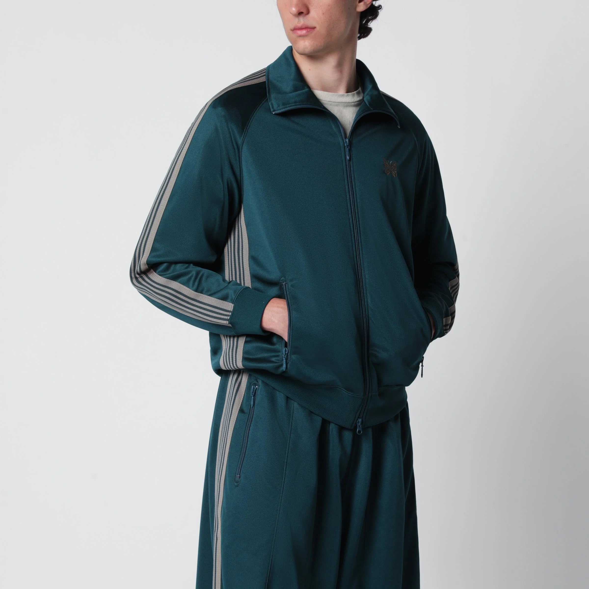 Jacquard polyester track jacket with zip in green - 1