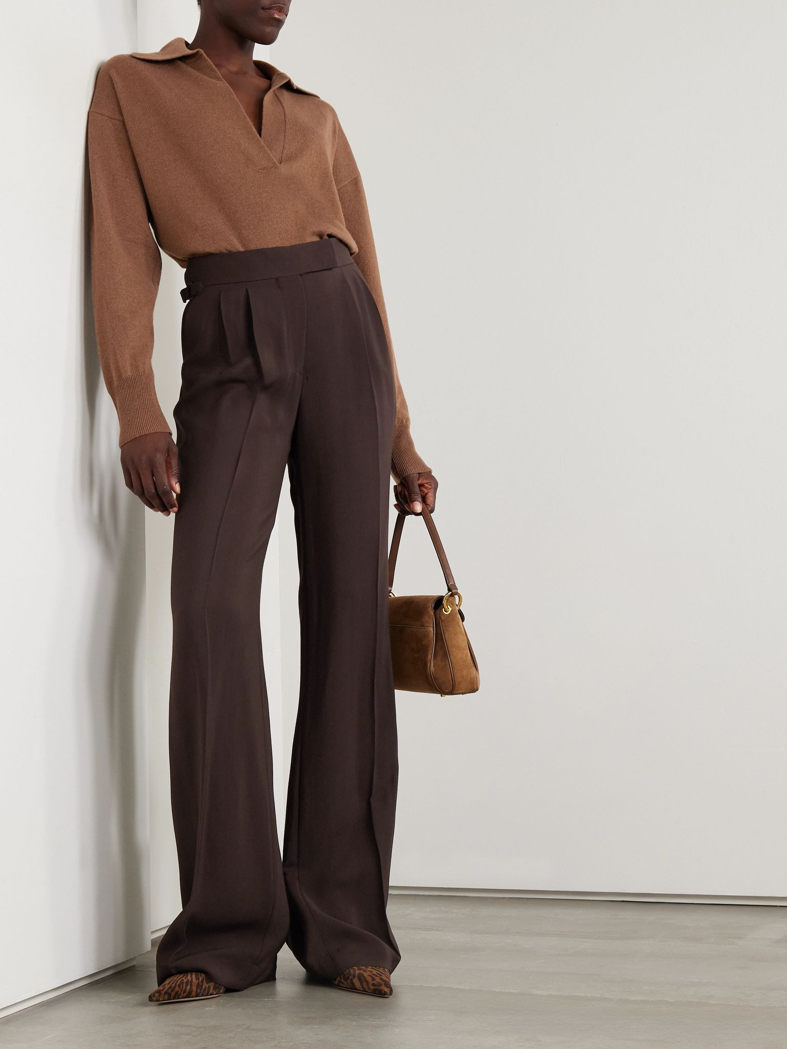 Pleated washed-twill wide-leg pants Brown - 2