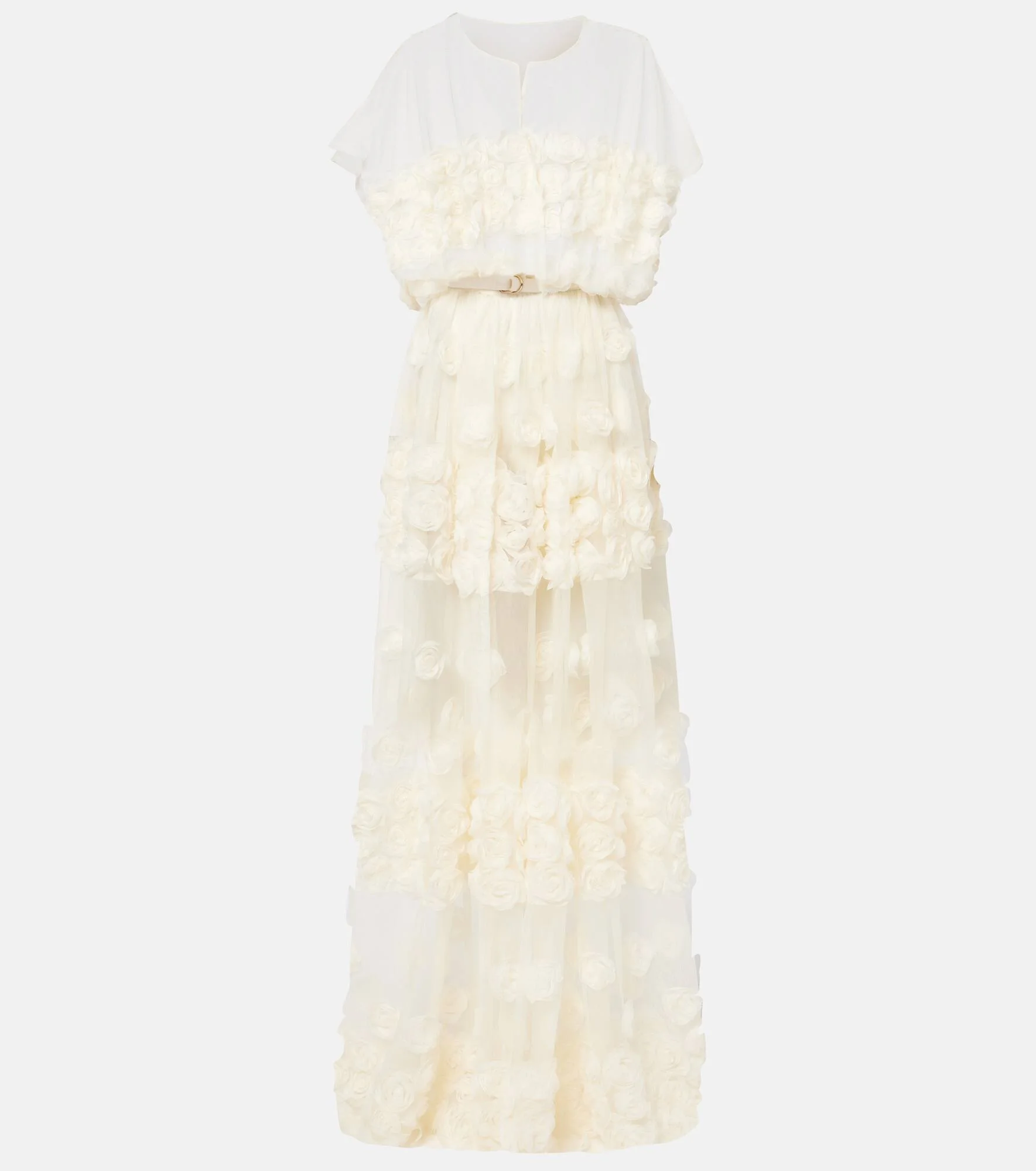 Floral-appliqué belted sheer gown - 1