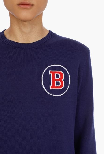 Navy blue cotton sweater with embroidered red and white Balmain logo - 7