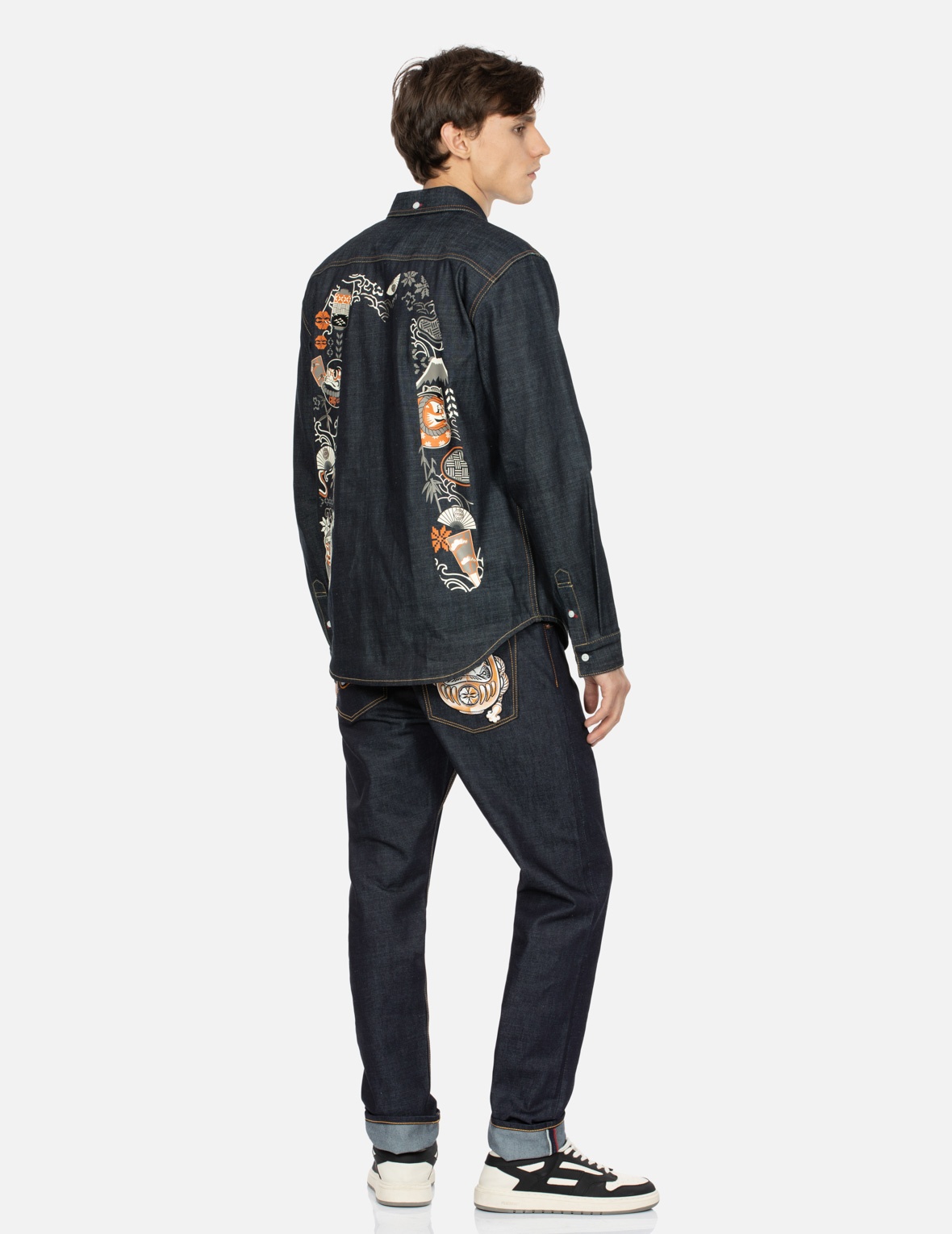 KUMADORI DARUMA DAICOCK PRINT REGULAR FIT DENIM SHIRT - 3