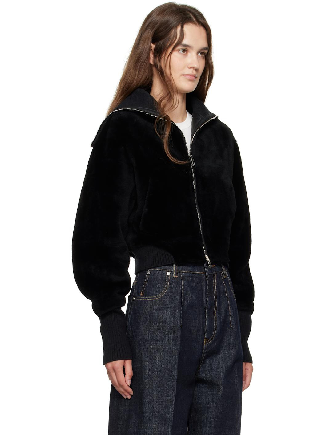 Black Zip Shearling Bomber Jacket - 2