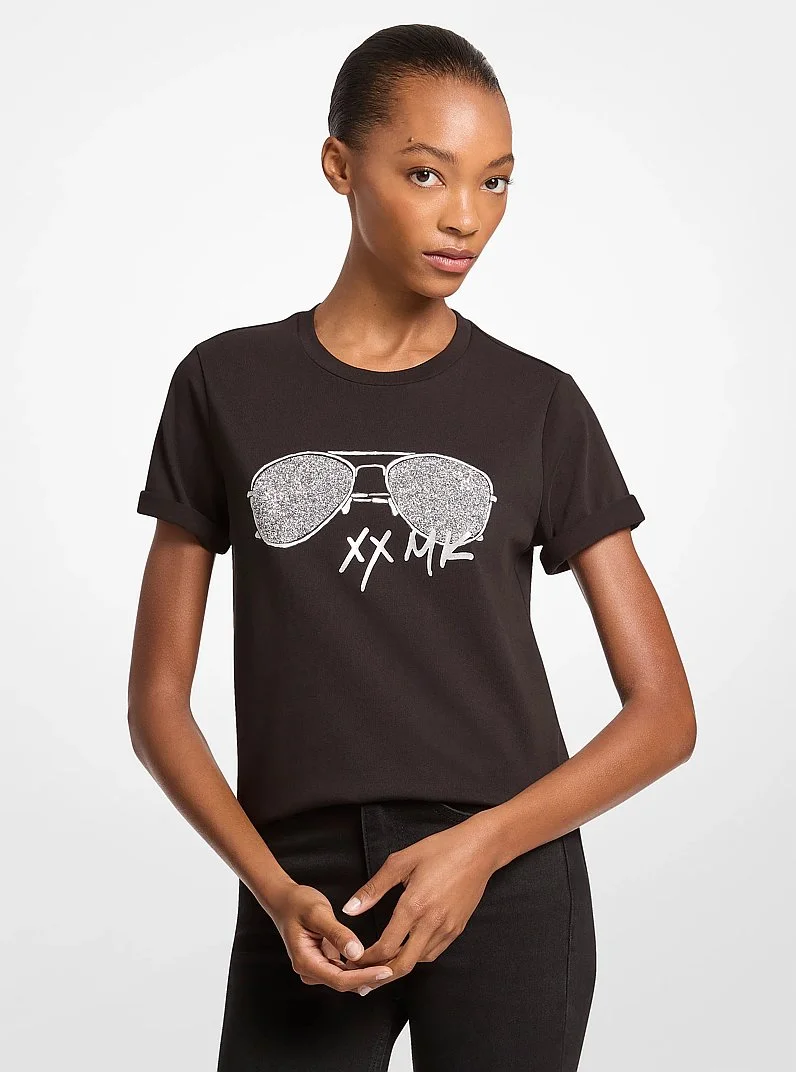 Embellished Printed Cotton Jersey T-Shirt - 1