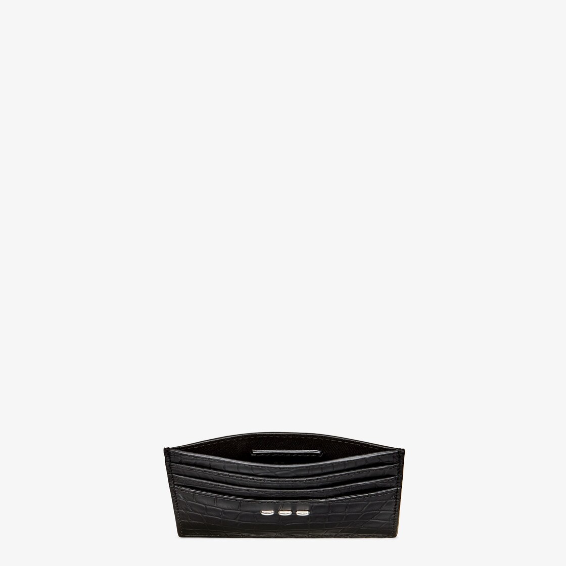 Card holder with six slots and flat central pocket. Made of black satin finish alligator. Metal Stit - 3