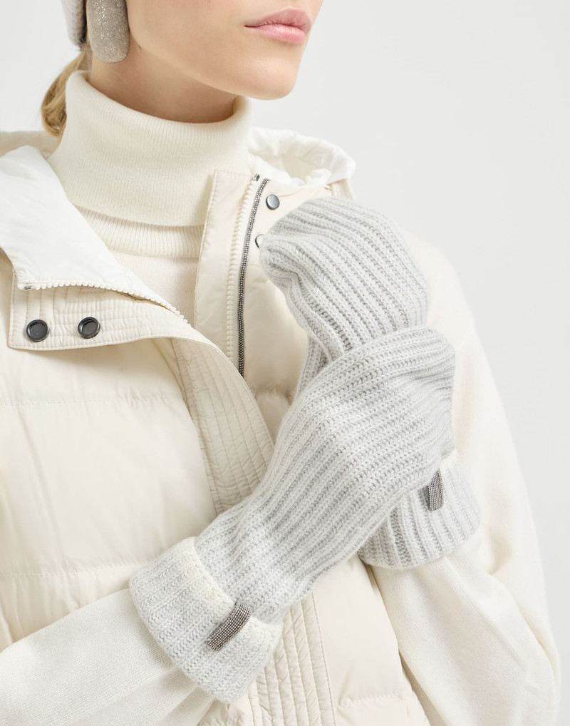 Cashmere English rib knit mittens with monili 3