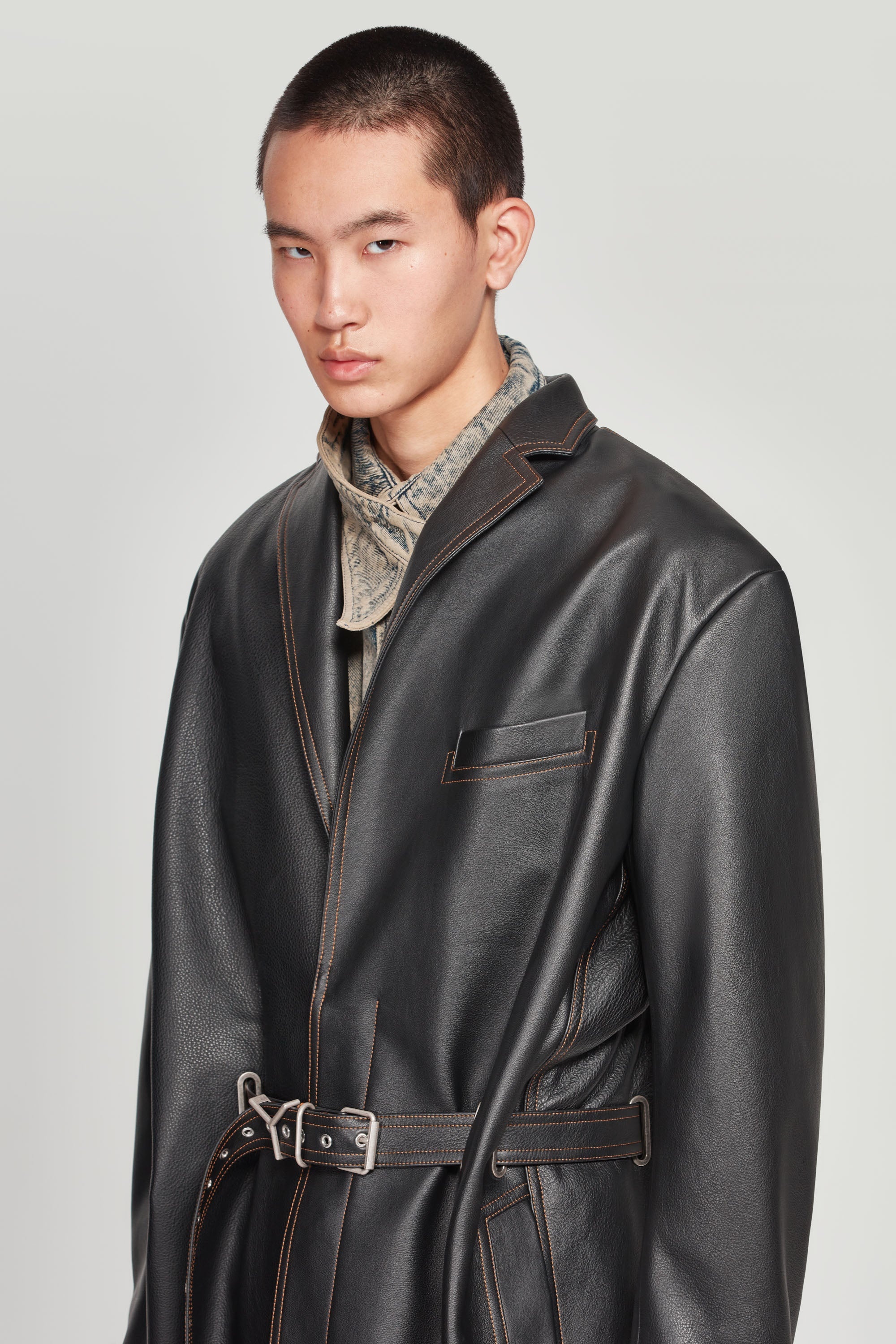 Y Belt Leather Coat - 3