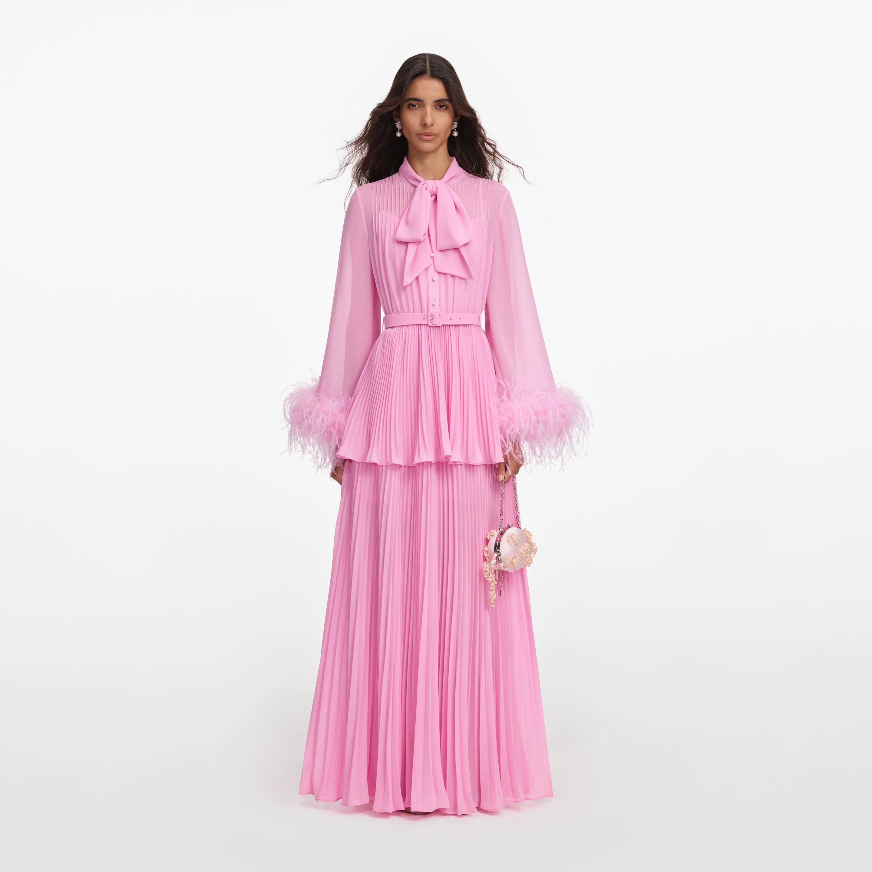 Pink Georgette Feather Cuff Maxi Dress - 1