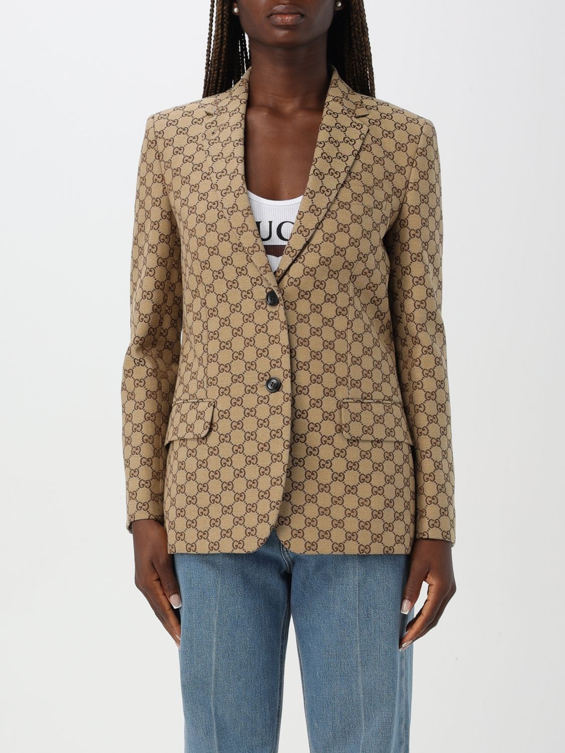 GUCCI 'GG' blazer レディース ジャケット GG canvas jacket in camel and ebony | GUCCI® US
