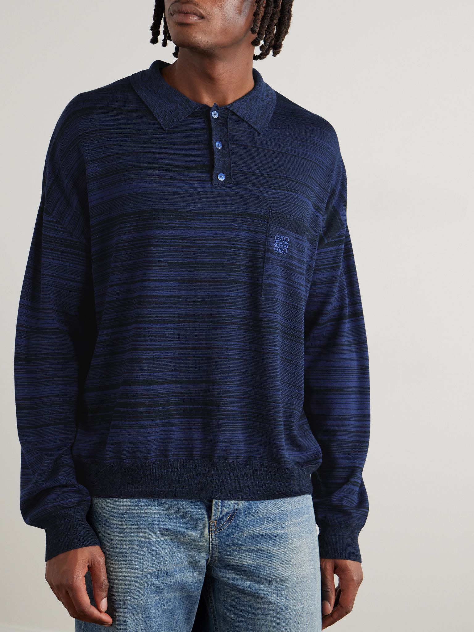 Logo-Embroidered Space-Dyed Wool Polo Sweater Navy - 3
