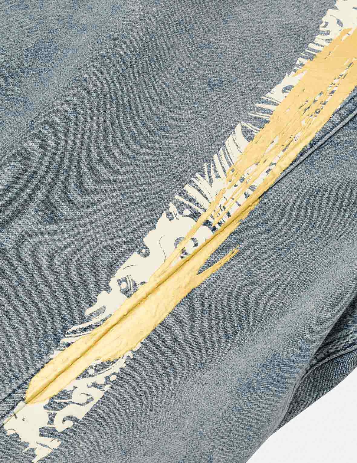 Artistic Brush Daicock Print Relax Fit Denim Jacket - 6