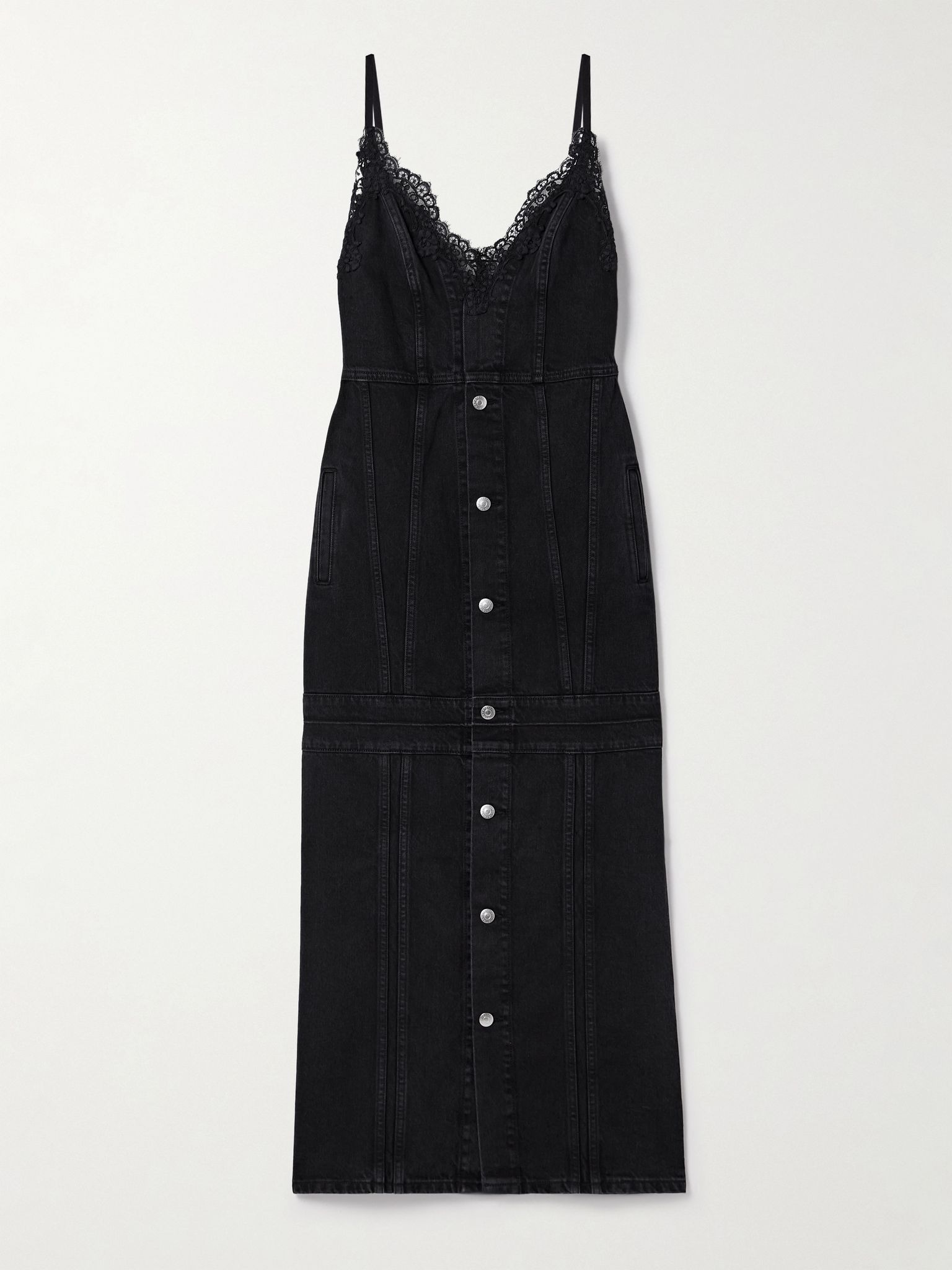 Lace-trimmed paneled organic denim midi dress Black - 1