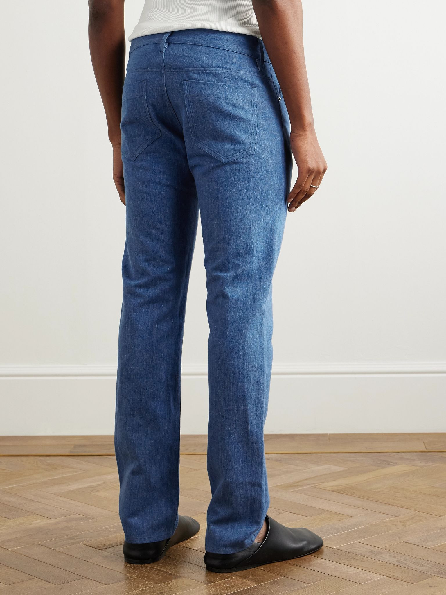 Slim-Fit Cotton and Linen-Blend Trousers Blue - 4