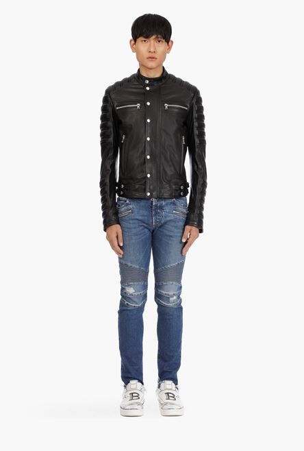 Black leather biker jacket with embossed Balmain logo - 3