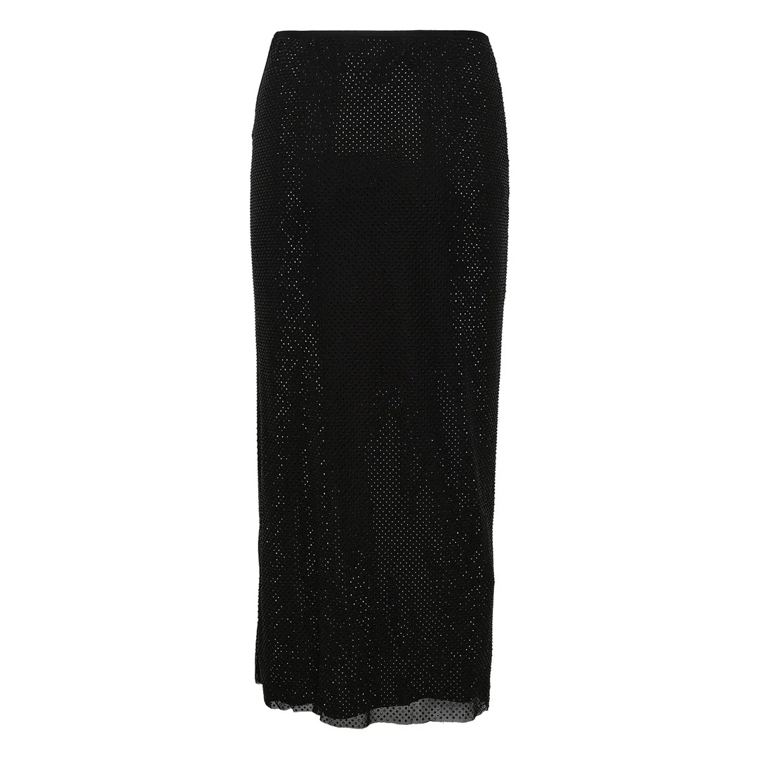 Black Rhinestone Midi Skirt - 2