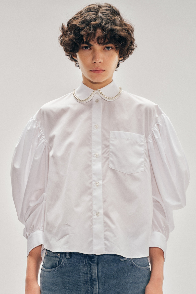 Beaded Boxy Draped Sleeve Round Collar Shirt 4