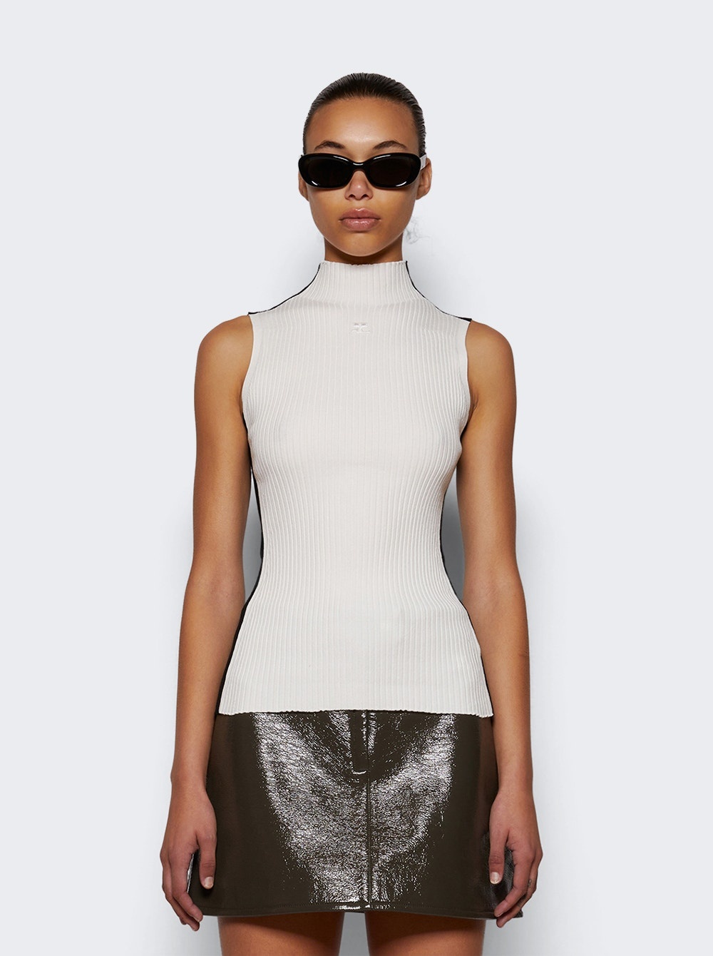 Contrast Frame Rib Knit Top Blanc And Noir - 3