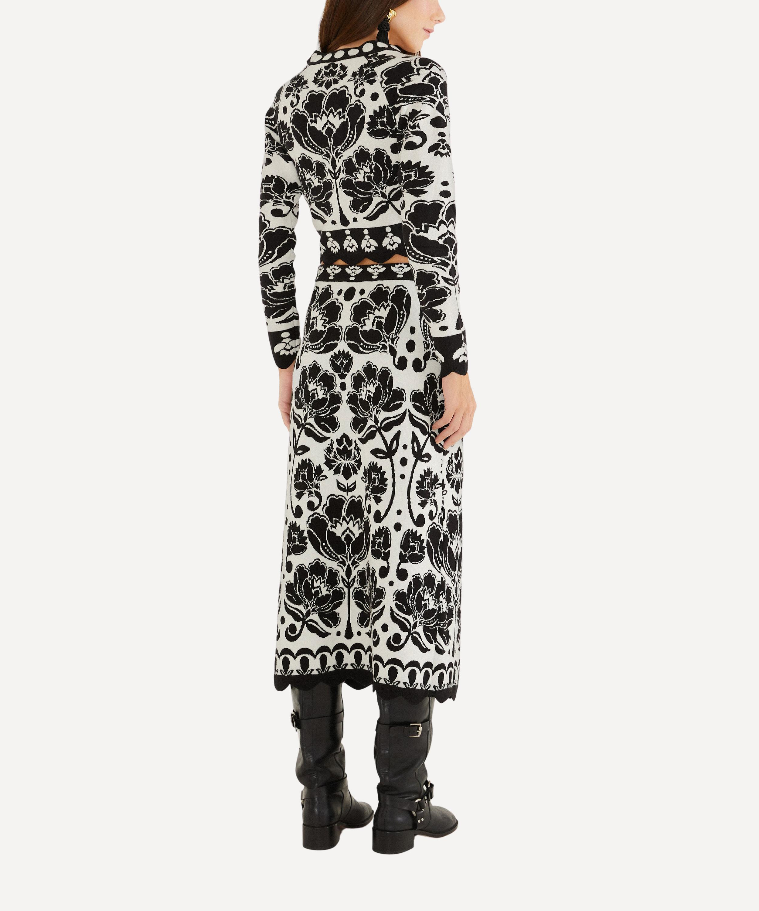 Black and White Floral Arabesque Knit Midi Skirt - 2