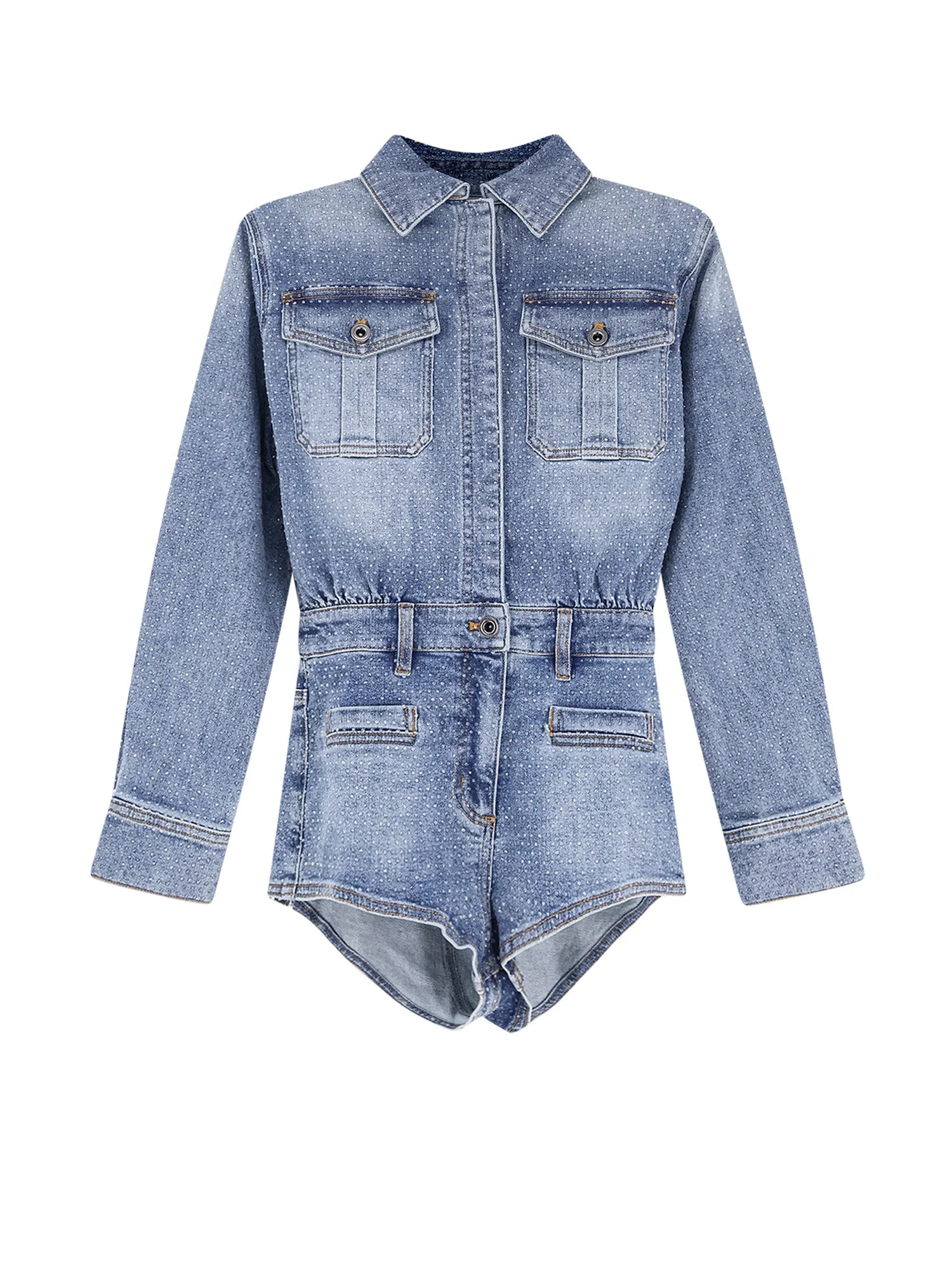 Denim Jumpsuit With Rhinestones - 1