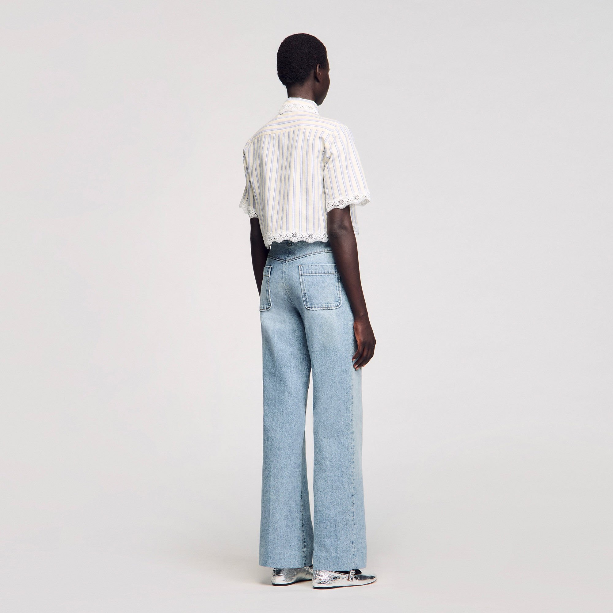 STRIPED CROPPED SHIRT WITH LACE TRIM - 5