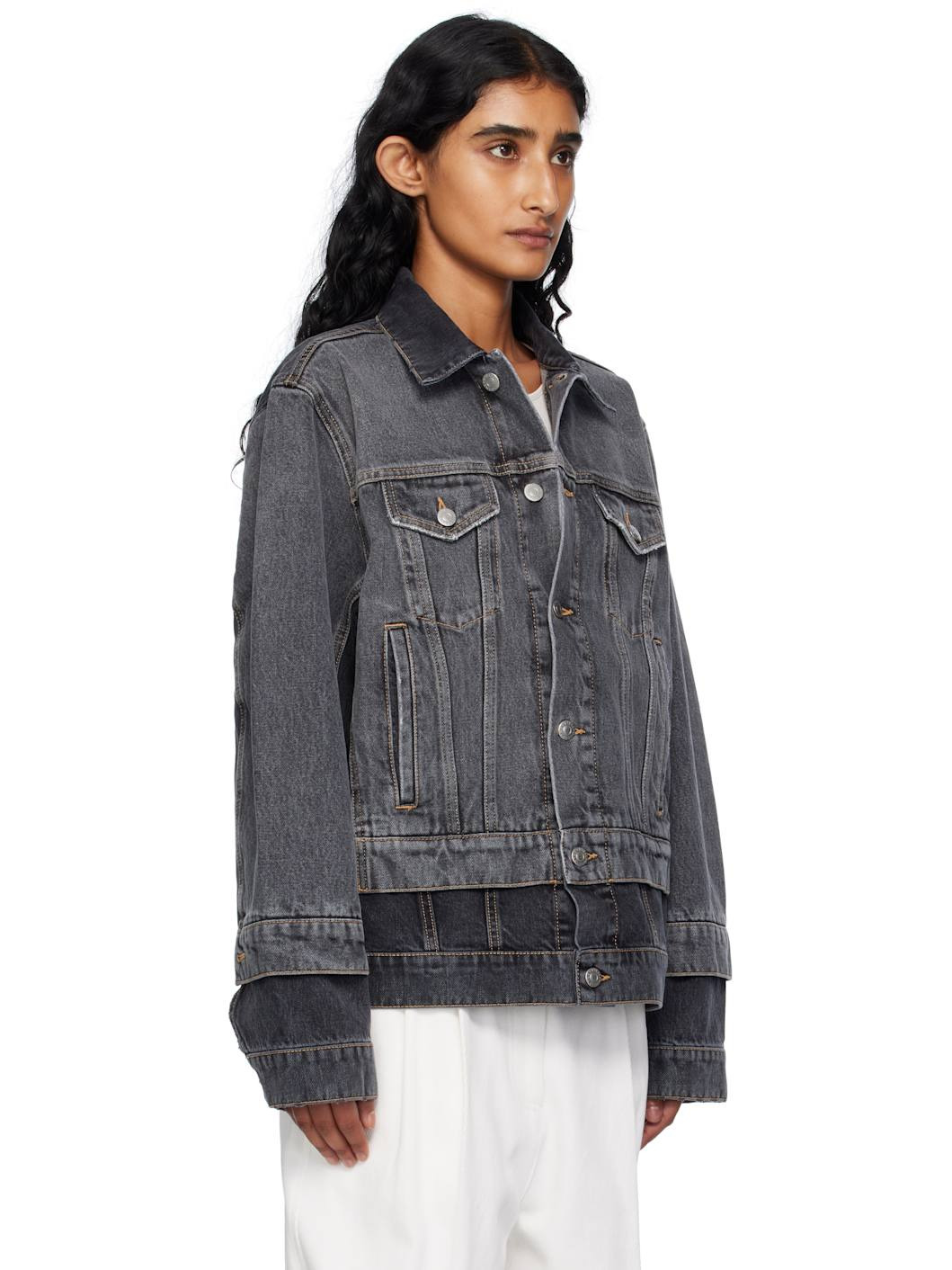 Black Tonal Panelled Denim Jacket - 2
