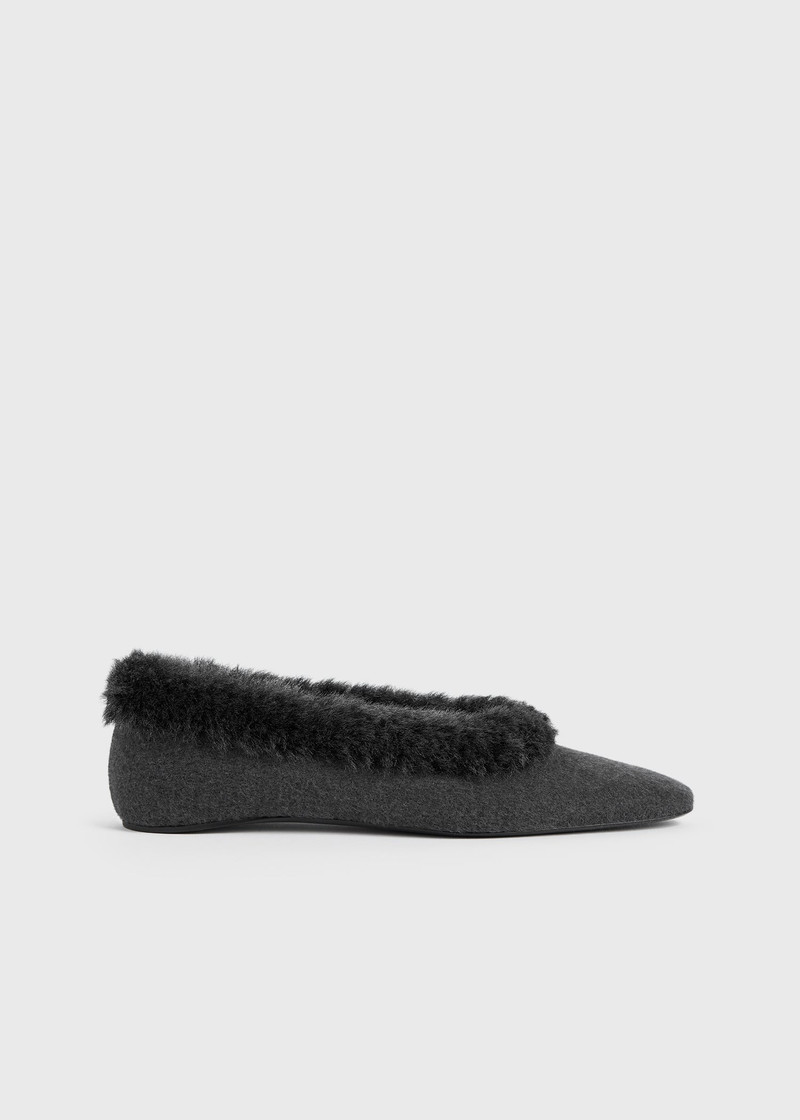 Shearling-edge flannel ballerinas dark grey melange - 1