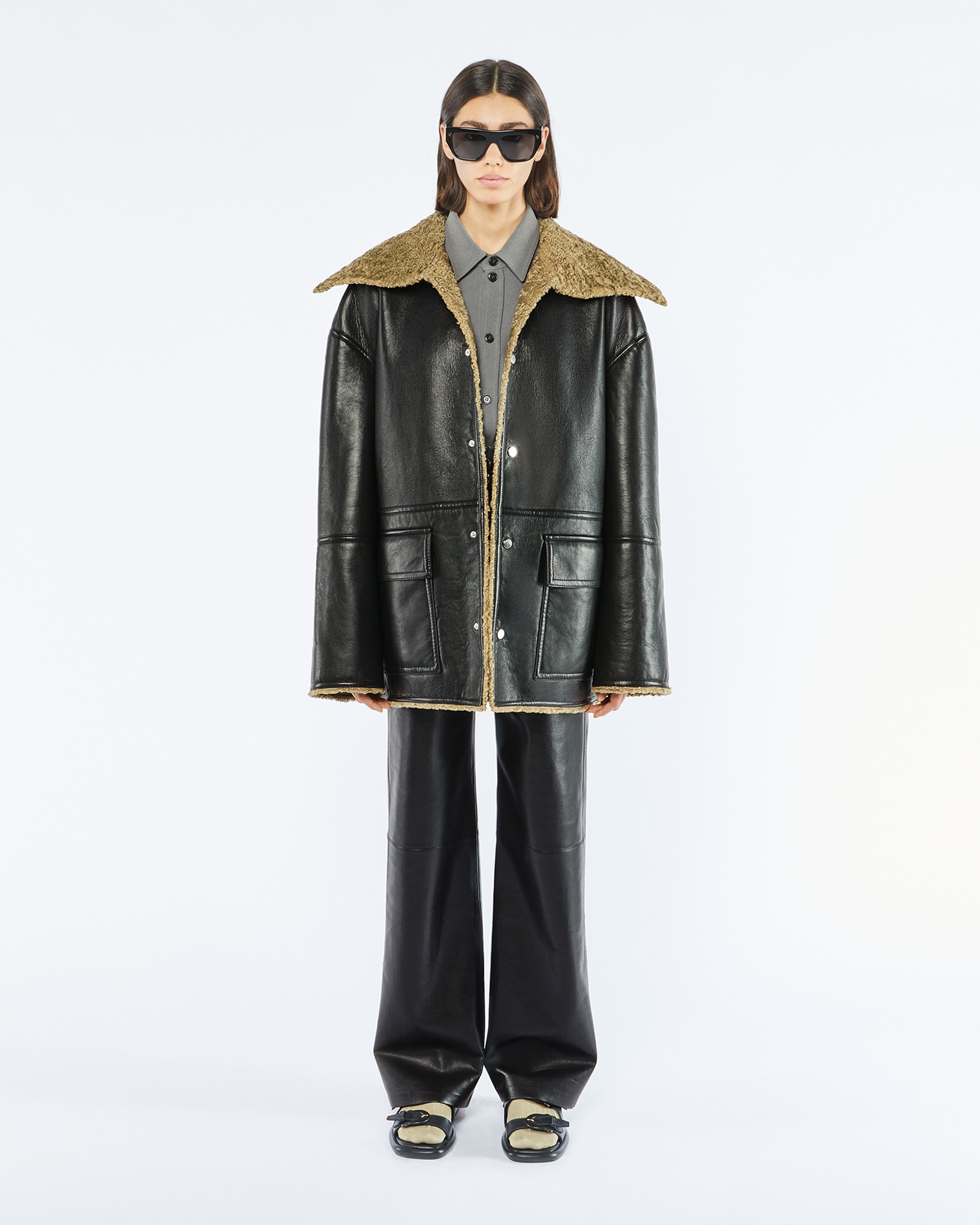MAUK - Faux shearling-trimmed jacket - Black/khaki - 2