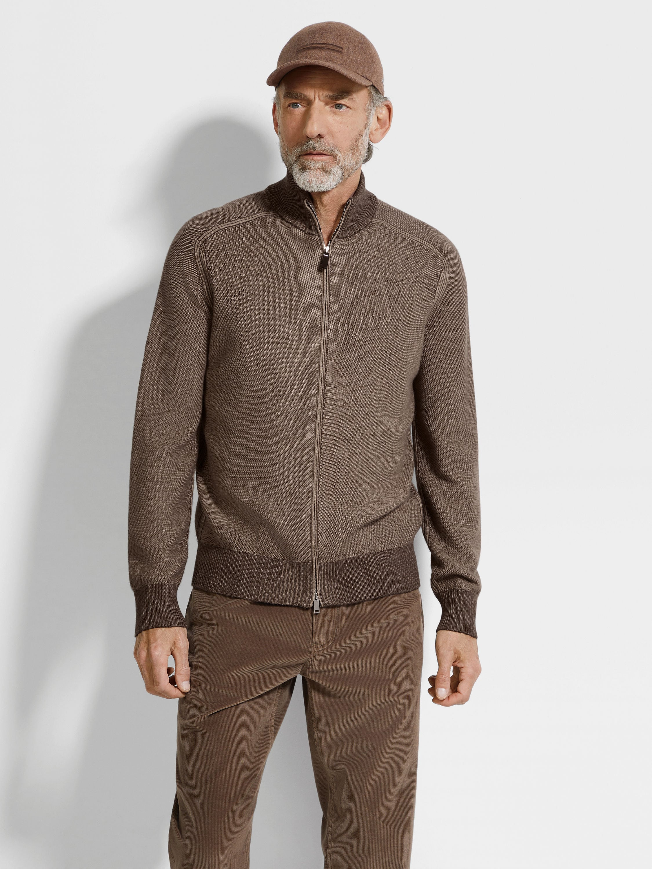 BROWN AND LIGHT TAUPE CASHSETA FULL ZIP CARDIGAN - 3
