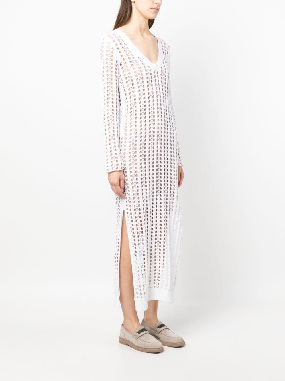 V-neck open-knit long dress - 3