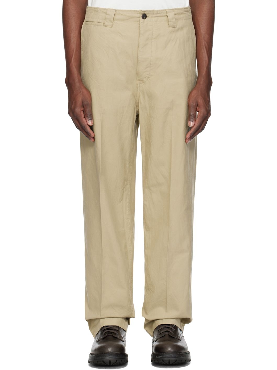 Beige Wide Chino Trousers - 1