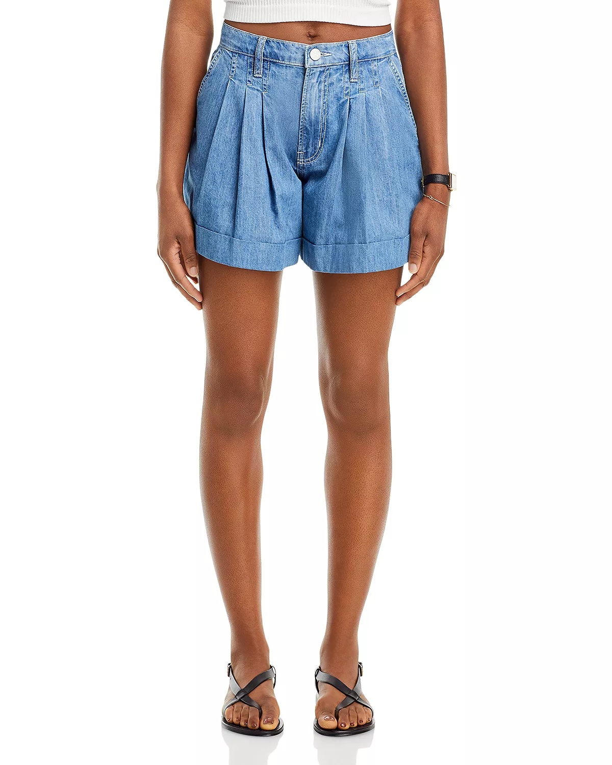 High Rise Pleated Wide Cuff Cotton Shorts - 7