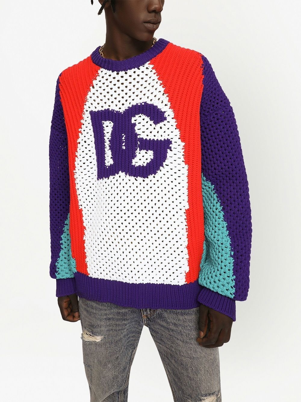 colour-block perforated knit jumper - 5