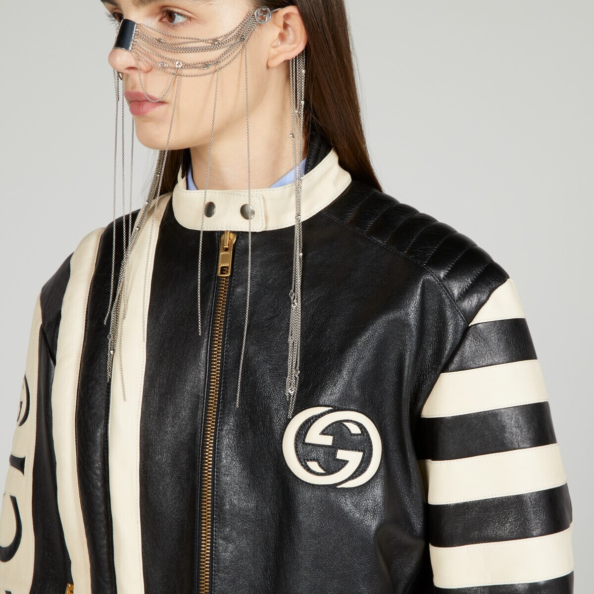 Goat leather biker jacket with Gucci script - 4