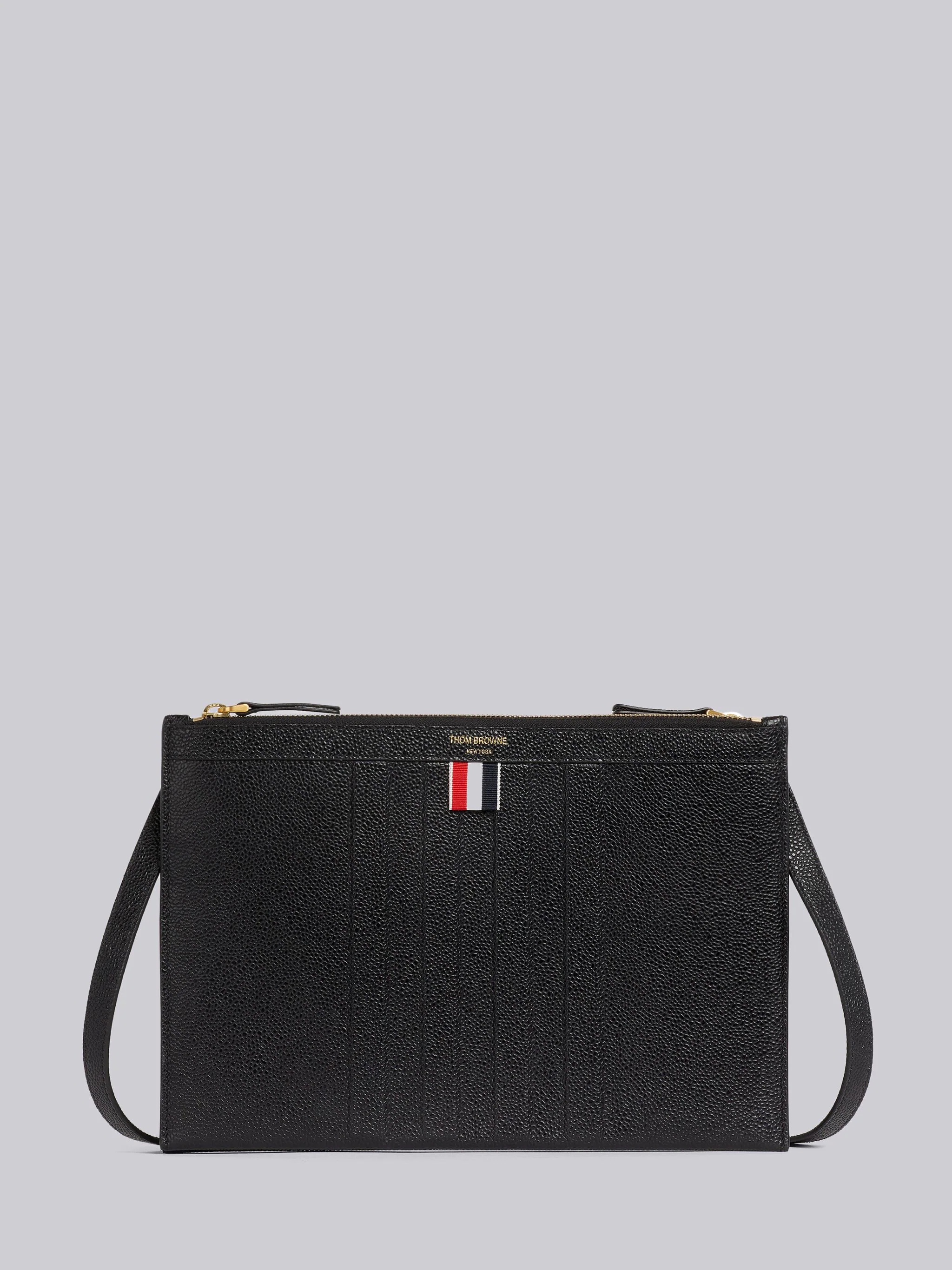 Black Pebble Grain Leather Debossed 4-Bar Crossbody Double Document Holder - 1