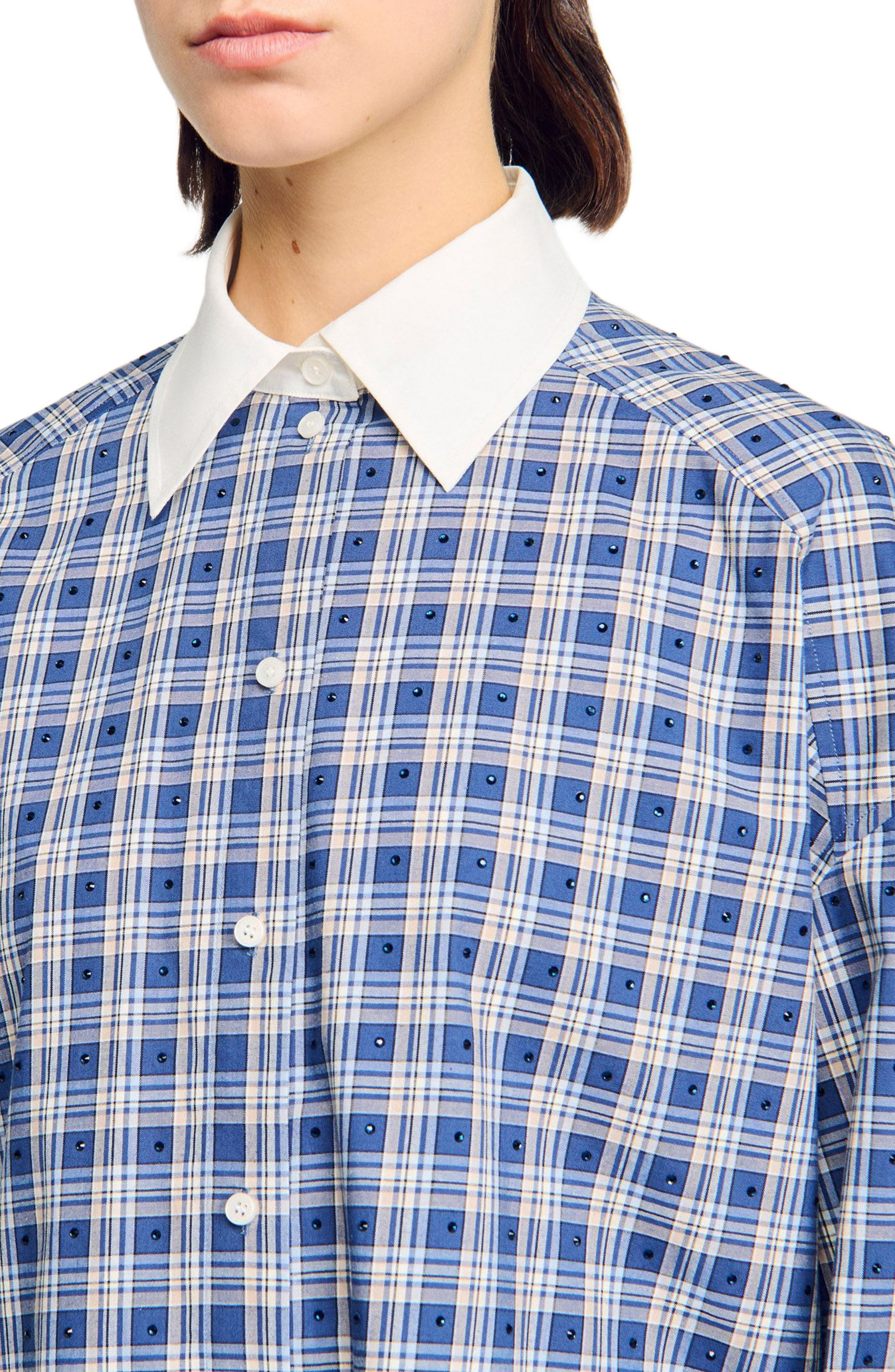 SANDRO Rhinestone checkered shirt in Blue at Nordstrom - 4