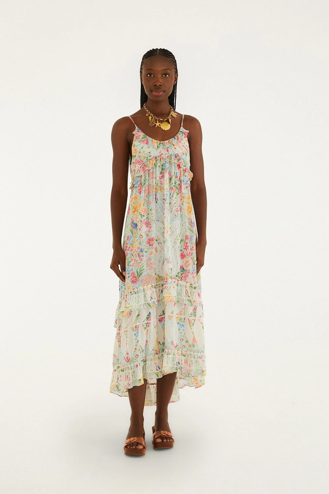 Multicolor Rendeira Ruffled Sleeveless Maxi Dress - 1