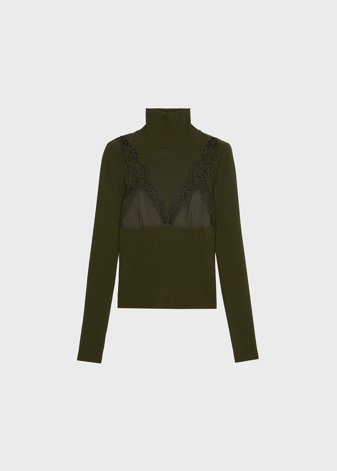 STRETCH RIBBED SWEATER WITH LACE AND SATIN INSERTS - 1