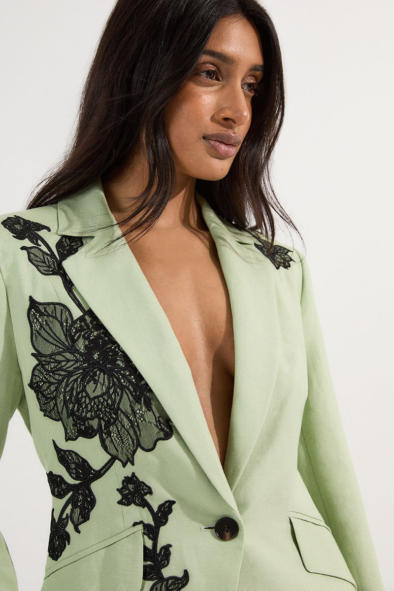 Viscose Linen Placed Floral Lace Embroideried Tailored Jacket 1