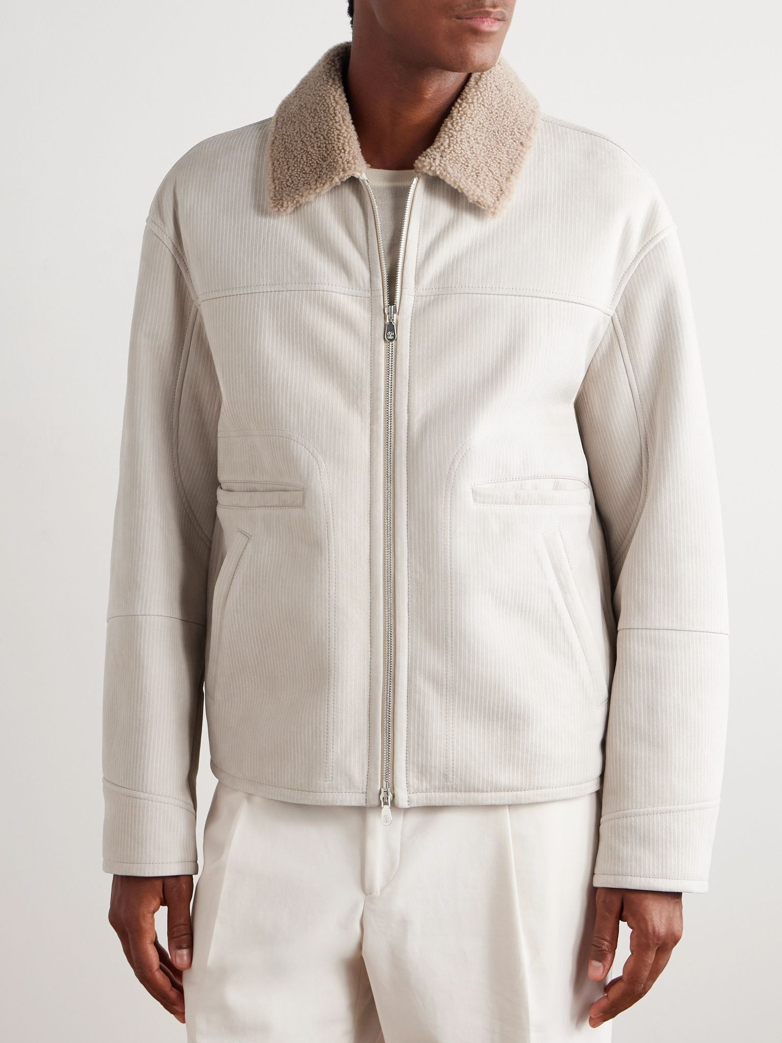 Slim-Fit Ribbed Shearling Jacket Cream - 3
