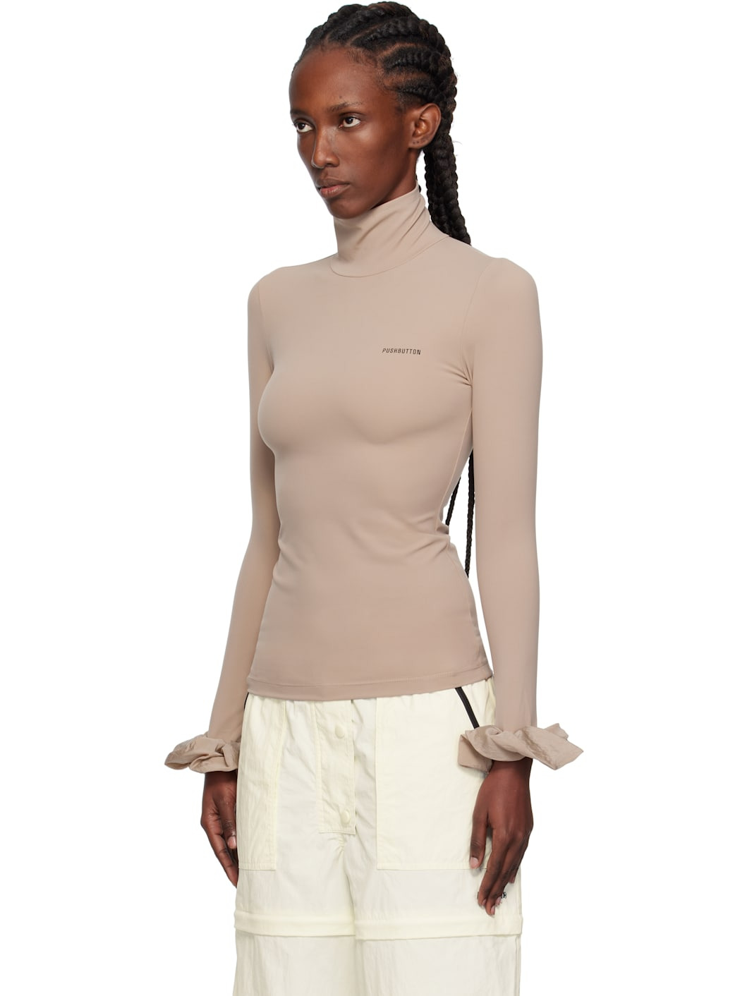 Beige Scrunchie Sleeve Jersey Turtleneck - 4