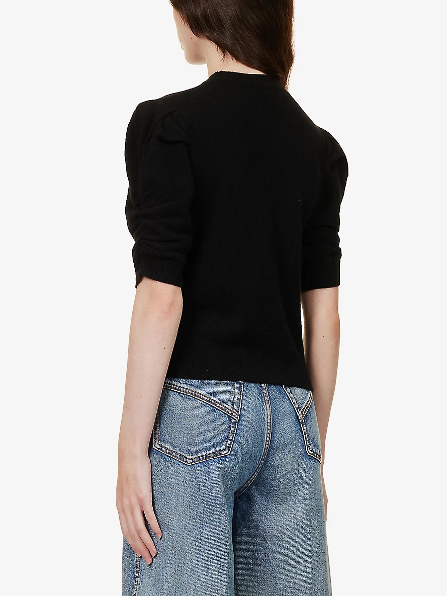 Puffed-sleeve ribbed-trim cashmere top - 4
