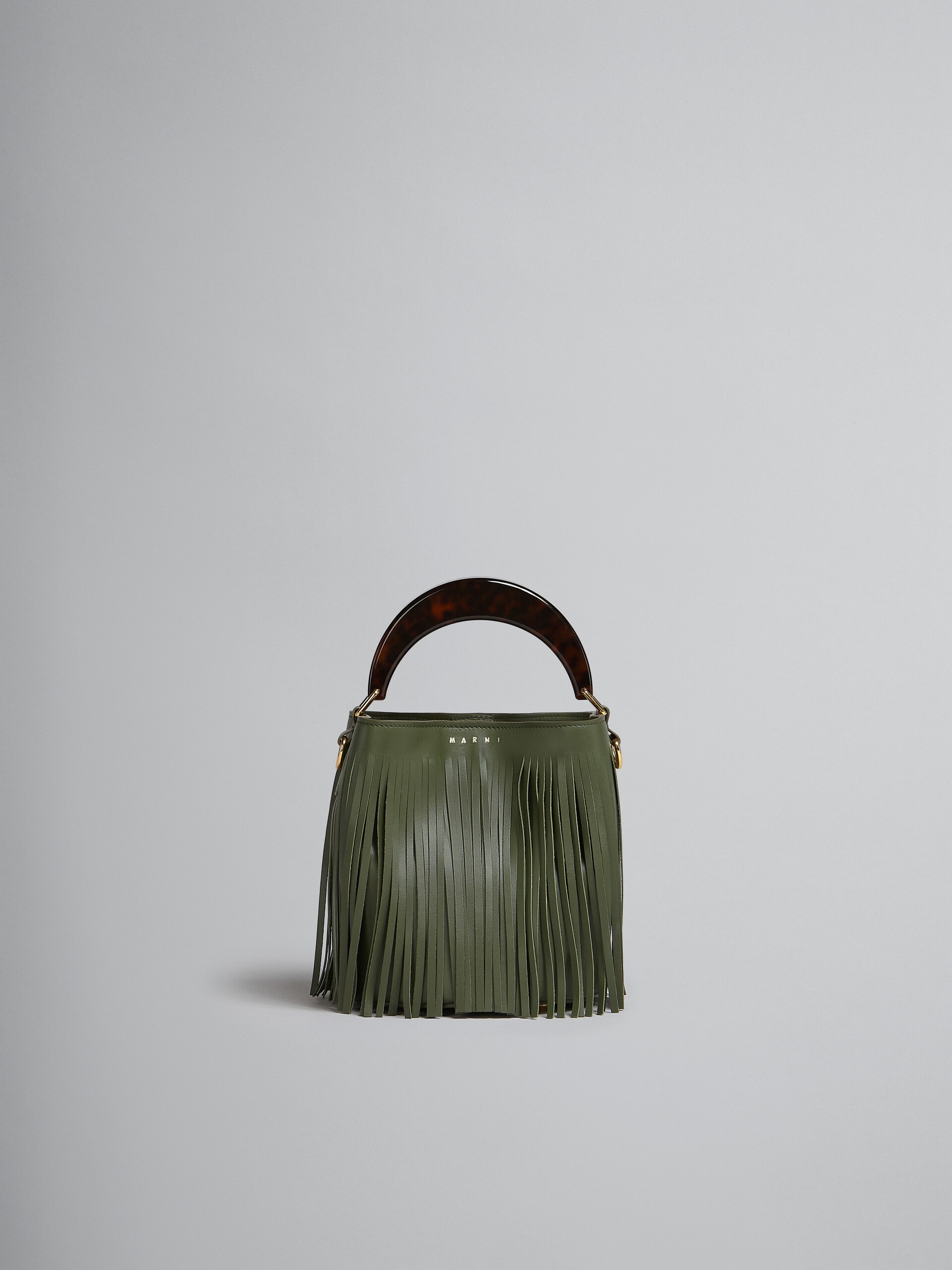 VENICE SMALL BUCKET IN GREEN LEATHER WITH FRINGES - 1