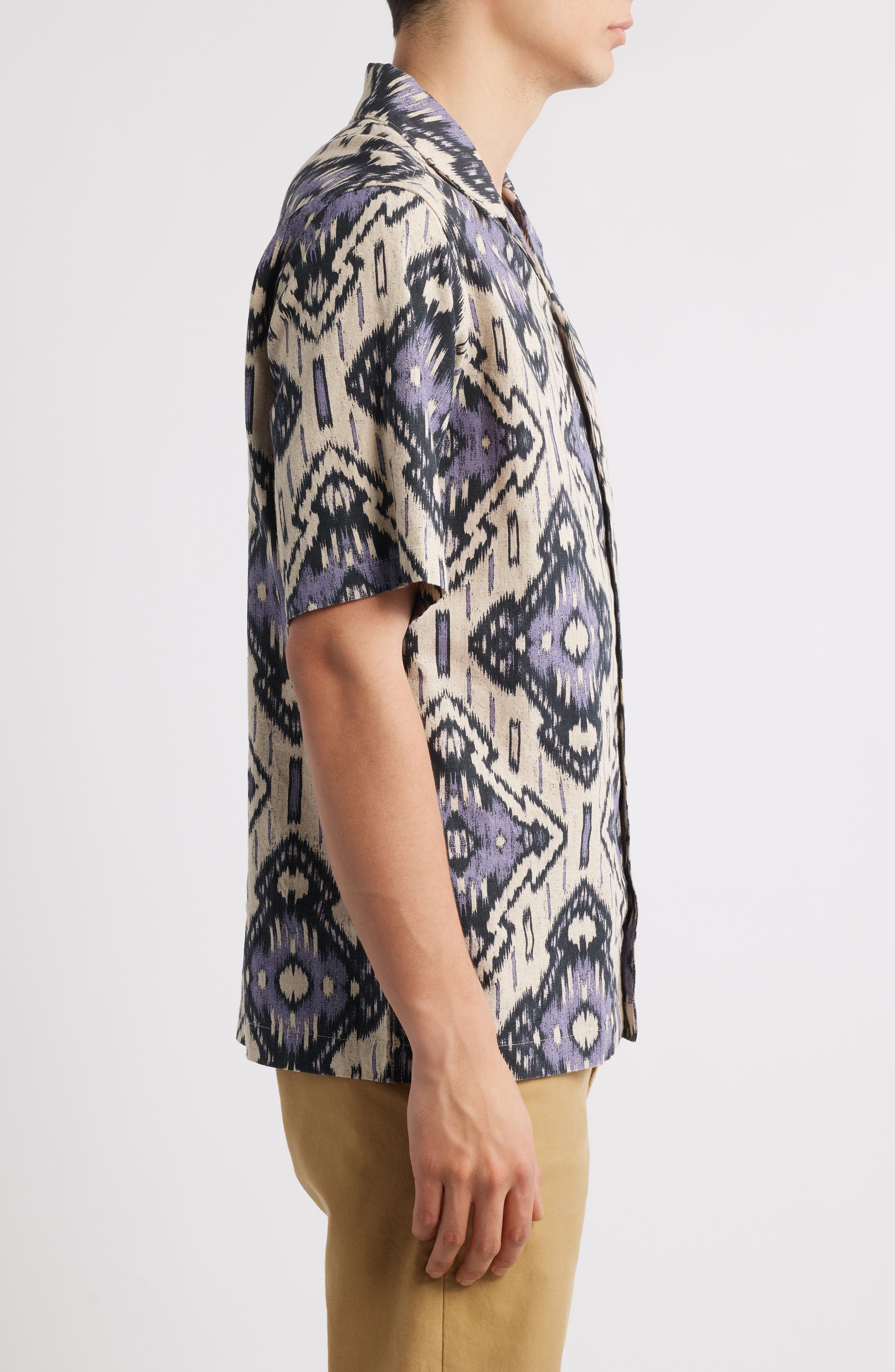 NN07 Julio Ikat Print Linen & Cotton Camp Shirt in Violet at Nordstrom - 4